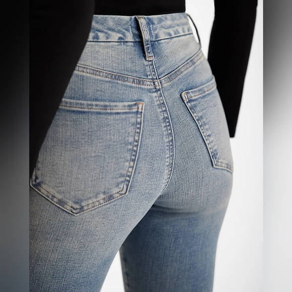 Express High Waisted Medium Wash Raw Hem FlexX Skinny Jeans - Picture 2 of 6